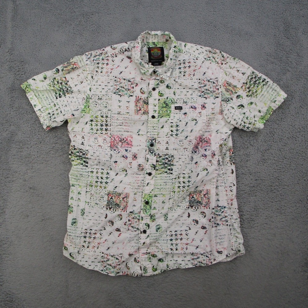 RVCA Christian Fletcher Mens Large White Graphic Short Sleeve Button Down Shirt